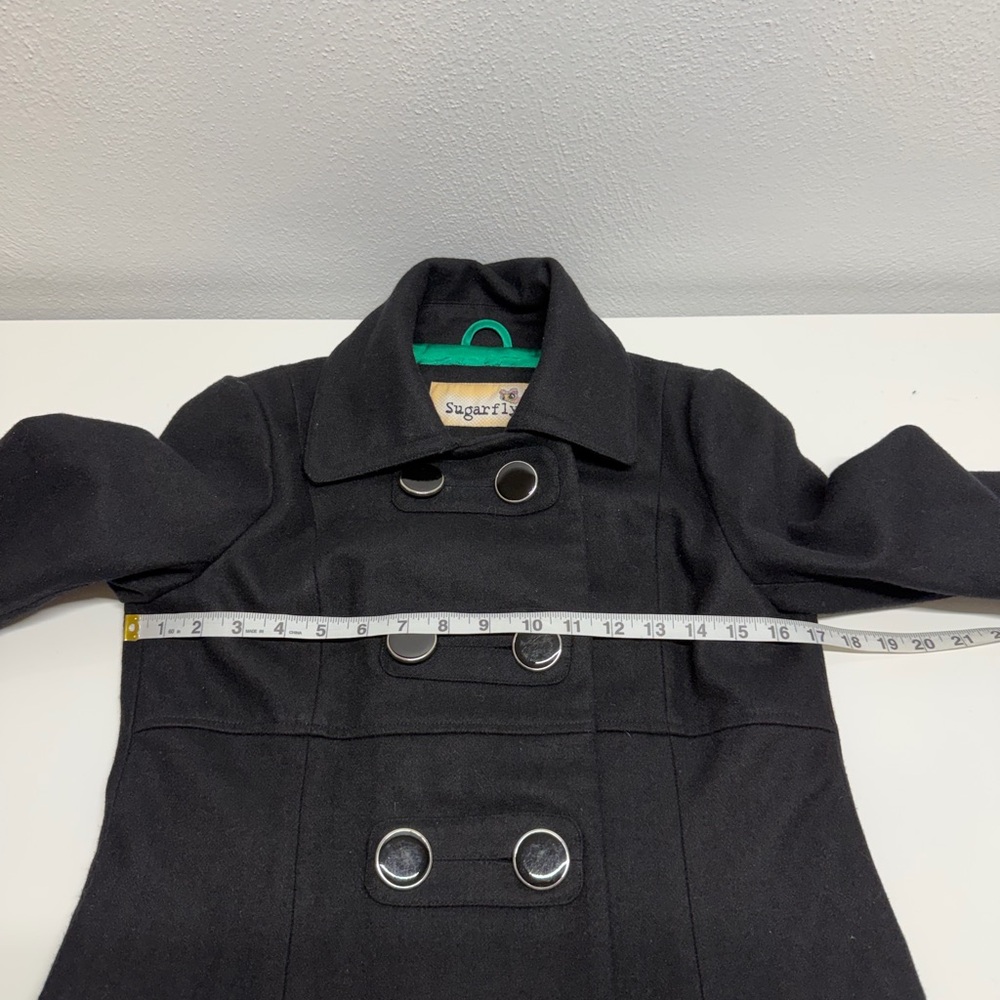 Sugarfly Girls Double-Breasted Flared Skirt Detail Black Wool Blend Peacoat Sz L - Picture 7 of 9